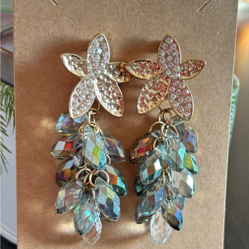 Gold Floral Crystal Drop Earrings